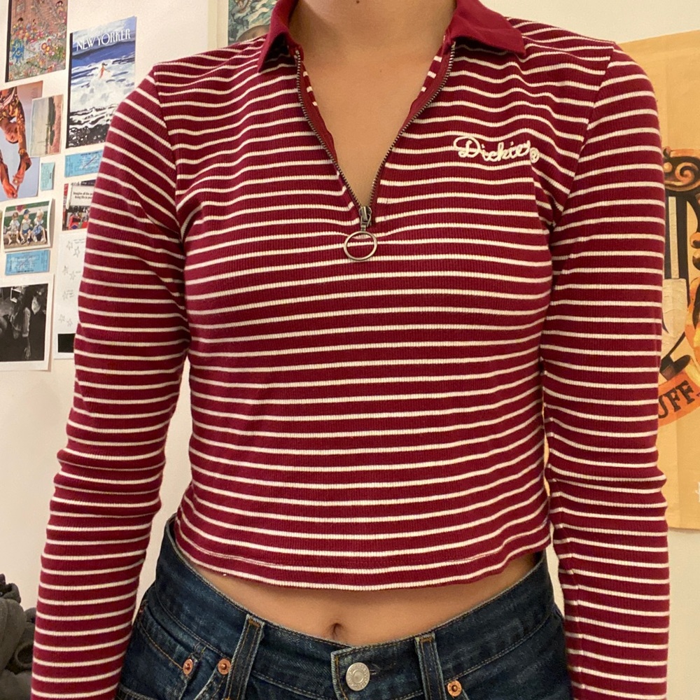 Dickies cropped maroon striped zipper polo